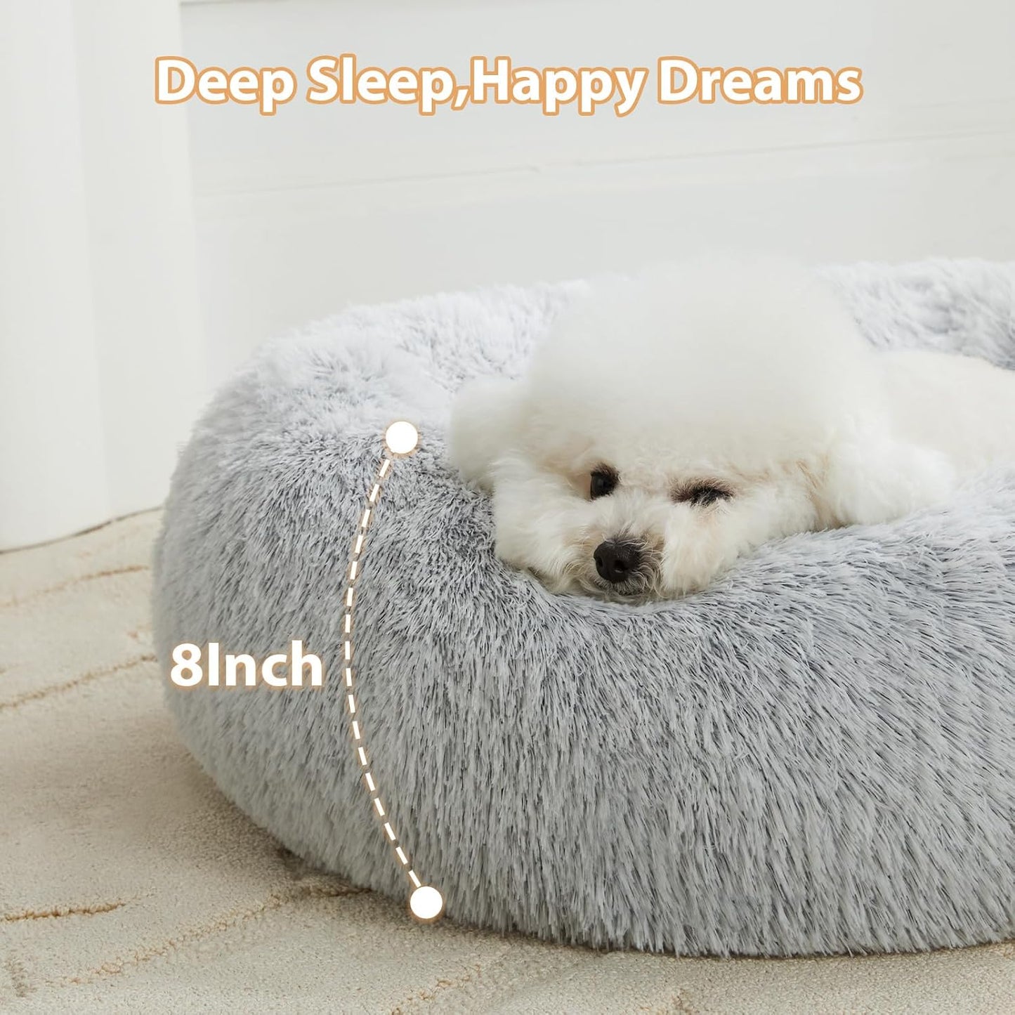 Small round Calming Dog Bed Cat Bed for Comfy Sleep | Dog Bed for Small Dog, Cute Washable Puppy Bed with Fuzzy Plush, Fur Anxiety Pet Bed Donut Cuddler (24X24X8In, Light Grey)