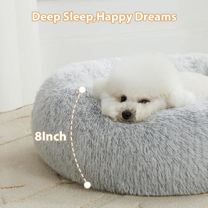 Small round Calming Dog Bed Cat Bed for Comfy Sleep | Dog Bed for Small Dog, Cute Washable Puppy Bed with Fuzzy Plush, Fur Anxiety Pet Bed Donut Cuddler (24X24X8In, Light Grey)